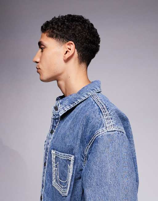 True Religion - Super QT - Camicia di jeans blu slavato, 4 di 5