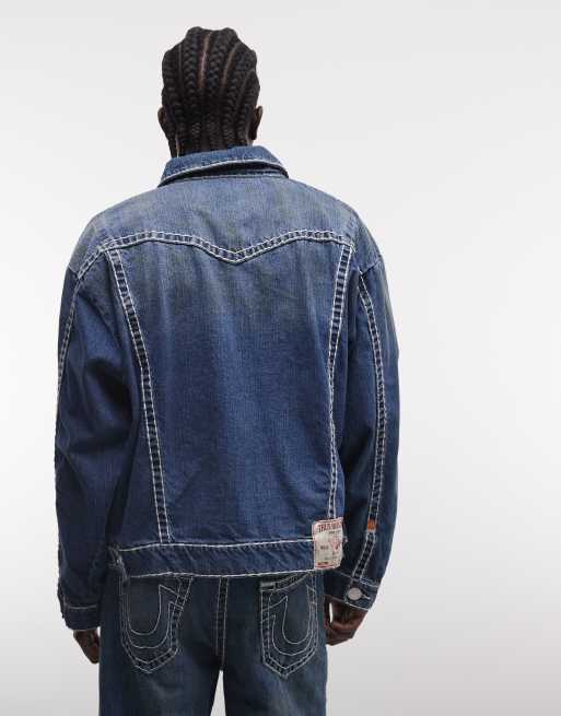 True Religion super T drop shoulder multi pocket co-ord denim jacket in mid wash blue, 4 of 5