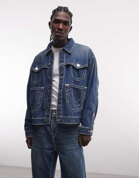 True Religion – Super T – Jeansjacke mit überschnittenen Schultern und mehreren Taschen in verwaschenem Mittelblau, Kombiteil - view 1