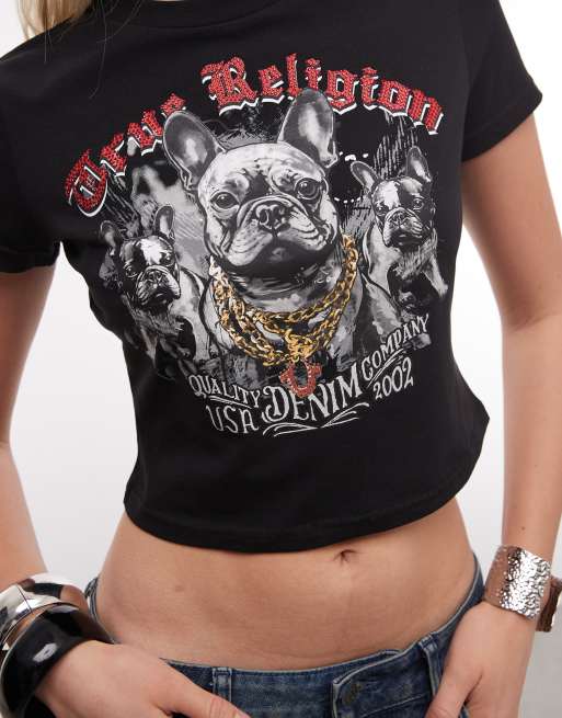 True Religion – Svart, kort, liten t-shirt med Frenchie-tryck och strass, 3 av 4