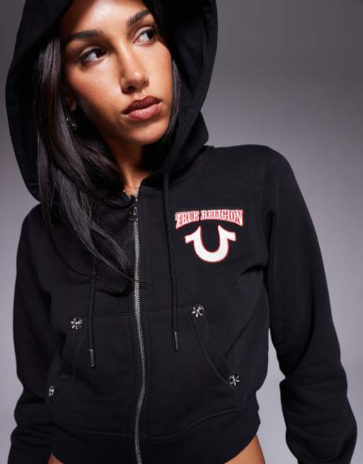 True Religion - Sweat à capuche court avec fermeture éclair et broderies au dos - Noir, 3 de 4