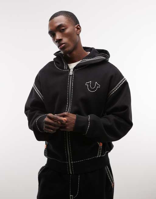 True Religion - Sweat à capuche zippé à surpiqûres contrastantes et imprimé graphique au dos - Noir, 3 de 5