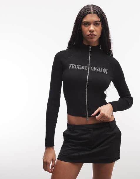 True Religion - Sweater met rits, col en kristallen logo in zwart - view 1