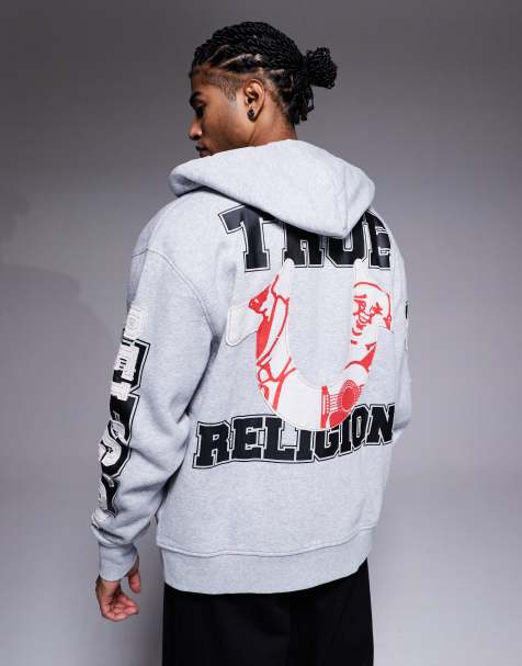 True Religion – Szara bluza z kapturem i wstawkami z logo - view 1