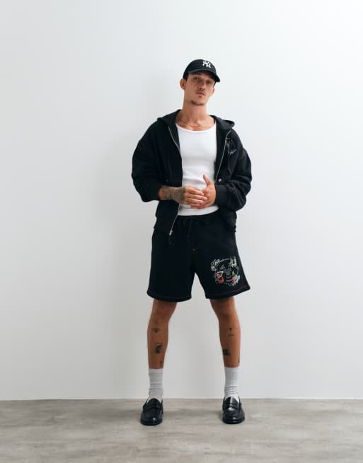 True Religion buddha face graphic hoodie and shorts co-ord in black, 3 z 3