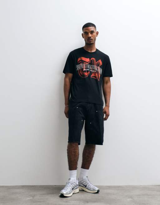 True Religion - T-shirt a maniche corte standard nera con logo con cristalli, 3 di 5