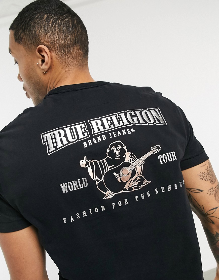 True Religion - T-shirt con stampa metallica multi con Buddha sul retro nera-Nero