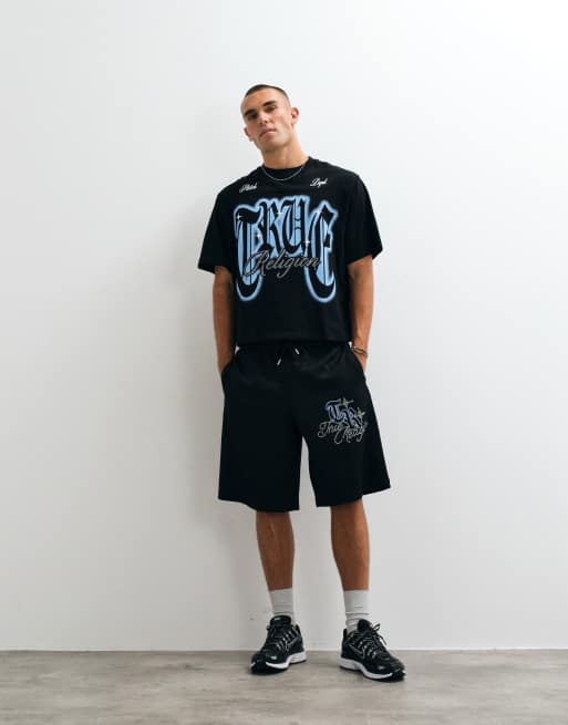 True Religion t-shirt coordinato boxy fit con logo in cristalli nero, 3 di 5