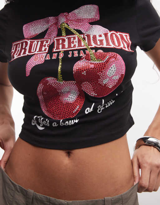 True Religion - T-shirt effet rétréci à imprimé cerises - Noir, 3 de 4
