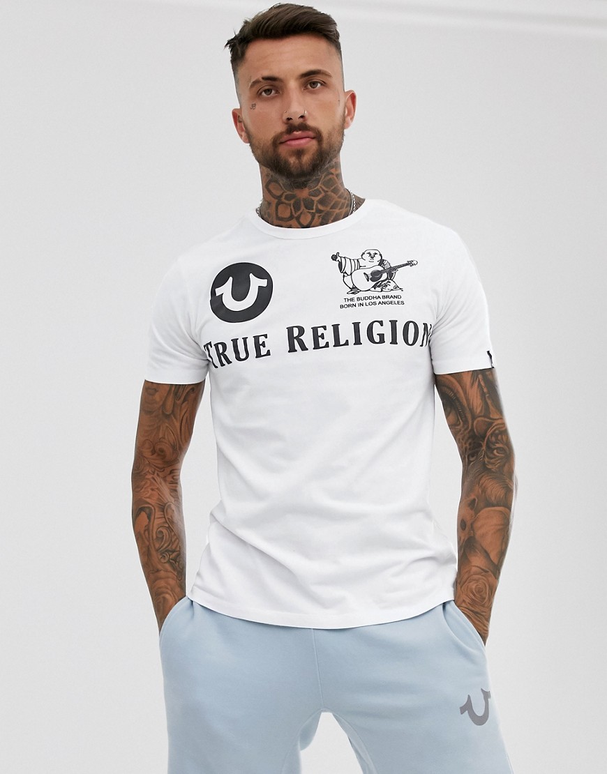 True Religion - T-shirt girocollo bianca con logo sul petto e sul retro-Bianco