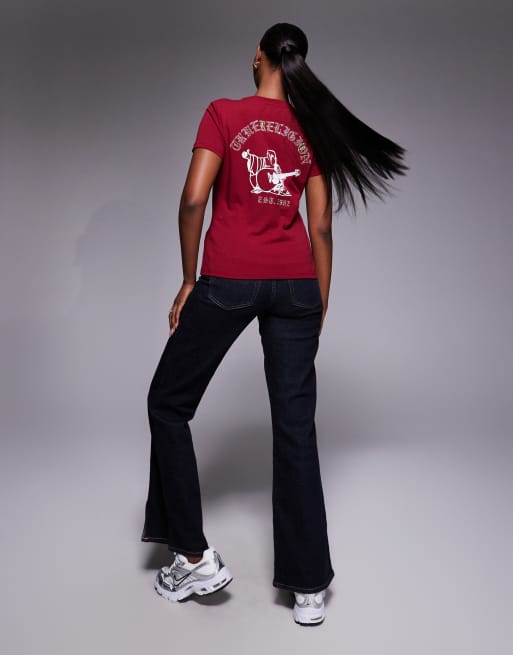 True Religion - T-shirt girocollo rossa con logo con strass e stampa sul retro, 4 di 4