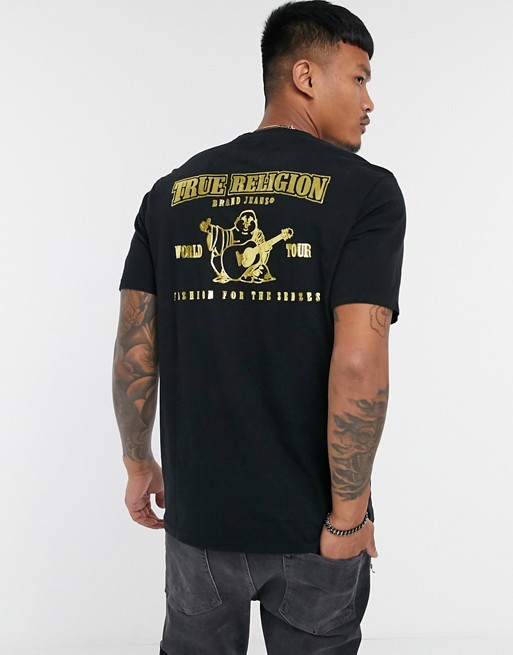 True Religion t-shirt in black with backprint gold logo