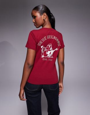 True Religion - T-Shirt in Rot mit Strasslogo, Rundhalsausschnitt und Rückenprint