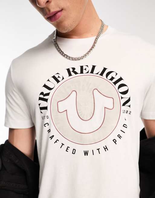 true religion red and white shirt