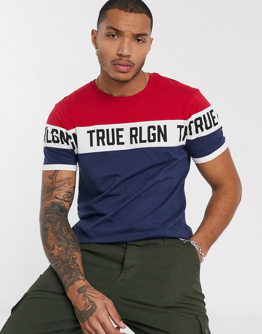 True Religion - T-shirt med logo og farveblok i marineblå/rød