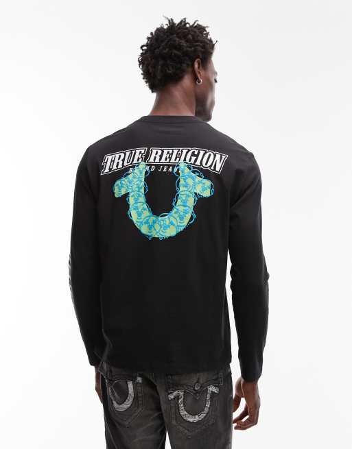 True Religion - T-shirt met bolle print en logo op de achterkant en lange mouwen in zwart