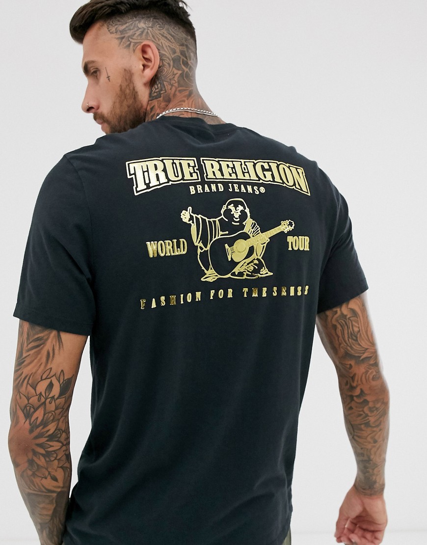 True Religion - T-shirt met metallic boeddha-logo in zwart