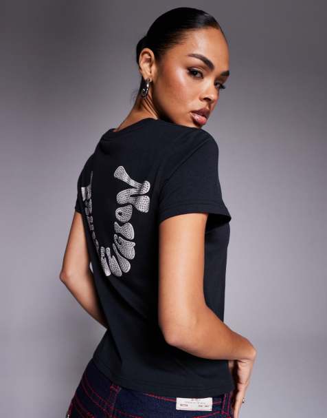 True Religion - T-shirt mini nera con stampa del logo con strass sul retro - view 1