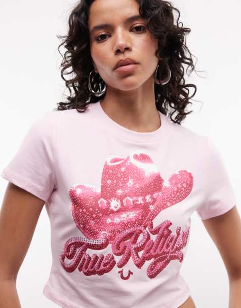 True Religion - T-shirt mini stile cowgirl rosa con cristalli - view 1