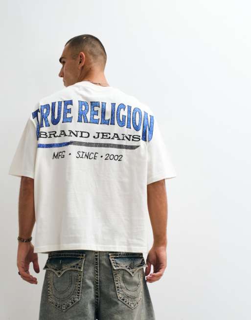 True Religion t-shirt oversize con logo rétro e grafica sul retro bianco sporco, 5 di 5