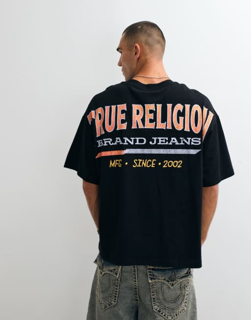 True Religion t-shirt oversize con logo rétro e grafica sul retro nera, 3 di 5