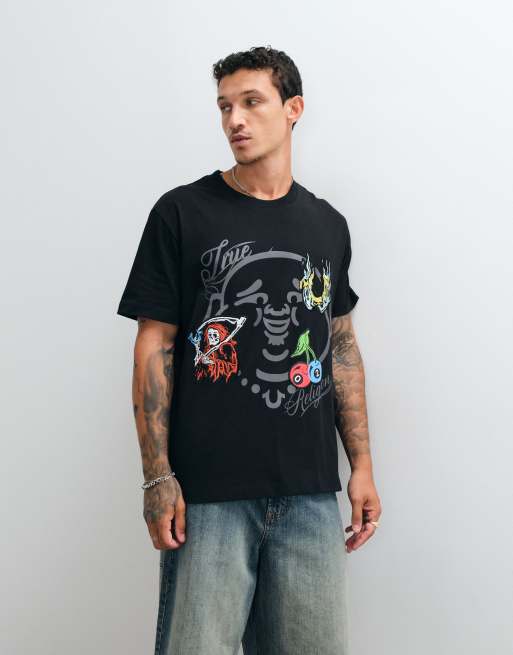 True Religion - T-shirt standard fit nera a maniche corte con stampa di Buddha, 3 di 5