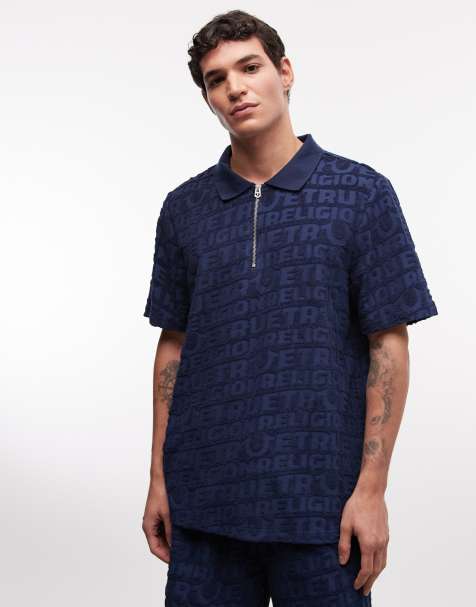 True Religion textured terry towelling logo polo shirt co-ord in midnight blue - view 1