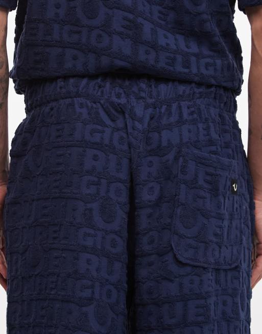 True Religion textured terry towelling logo shorts in midnight blue (part of a set), 4 of 5