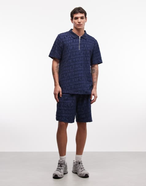 True Religion textured terry towelling polo shirt and shorts set in midnight blue - view 1