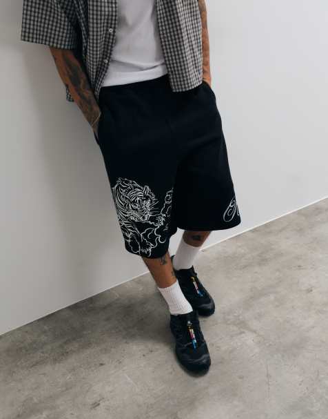 True Religion tiger graphic script loose fit fleece shorts in black - view 1
