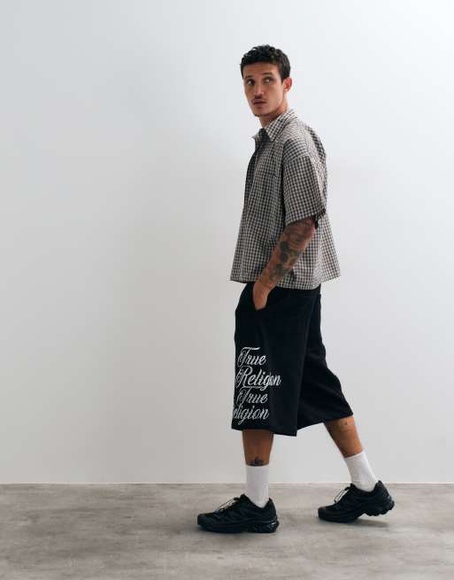True Religion tiger graphic script loose fit fleece shorts in black, 5 of 5