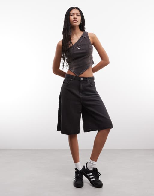 True Religion - Top asimmetrico in denim color cacao, 2 di 4