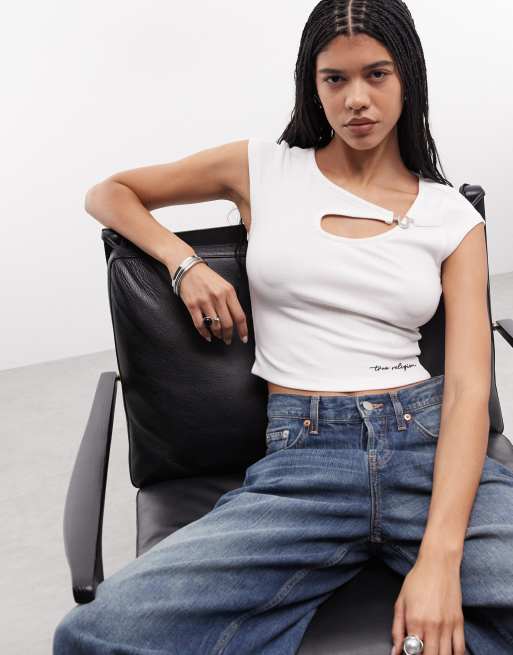 True Religion - Top bianco ottico con cut-out e dettaglio con cristalli