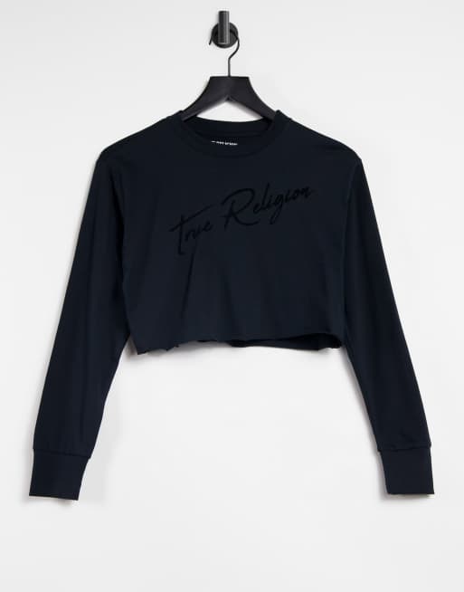 True Religion - Top girocollo a maniche lunghe nero con logo