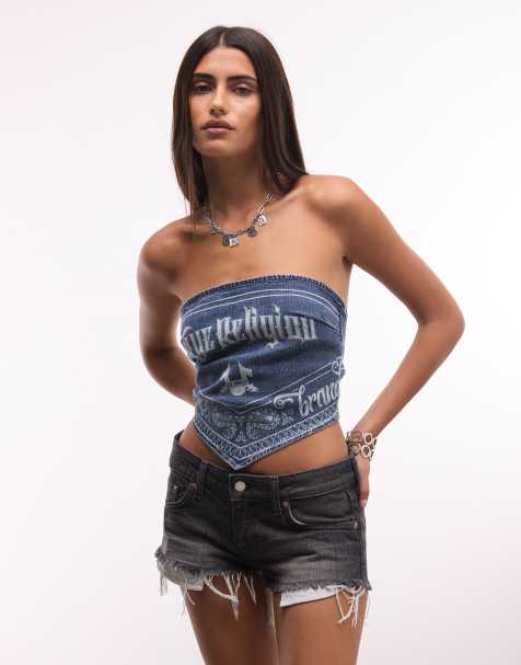 True Religion top in denim con logo, sciarpa, lavaggio medio blu - view 1