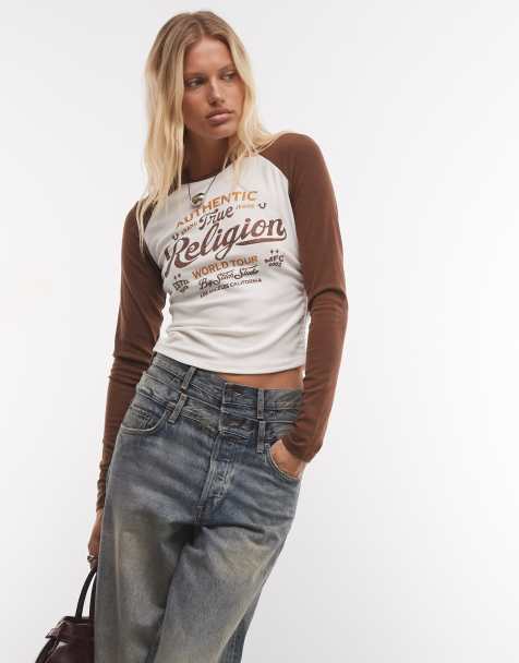 True Religion top met lange raglanmouwen, kristalgraphic logo, wit/bruin - view 1