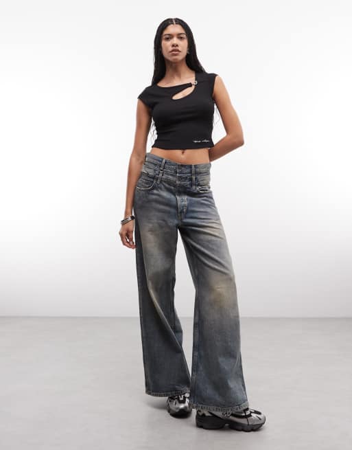 True Religion - Top met uitsnijdingen en kristallen detail in gitzwart, 2 van 4