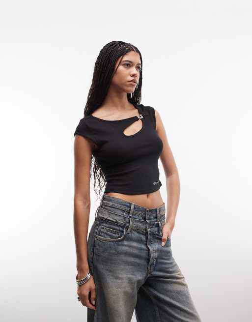True Religion - Top nero corvino con cut-out e dettaglio con cristalli