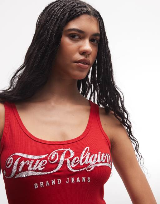 True Religion - Top senza maniche con scollo squadrato color salsa a coste, 3 di 4