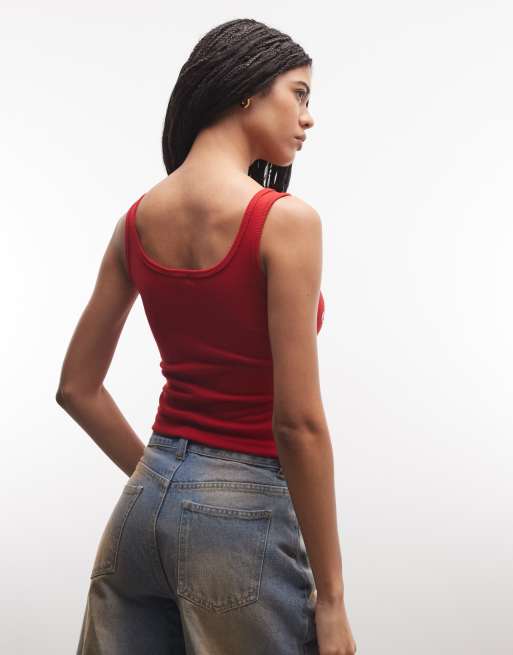 True Religion - Top senza maniche con scollo squadrato color salsa a coste, 4 di 4