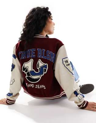 True Religion varsity bomber jacket in dark burgundy