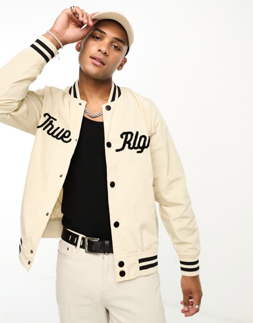 True Religion varsity jacket in stone ASOS