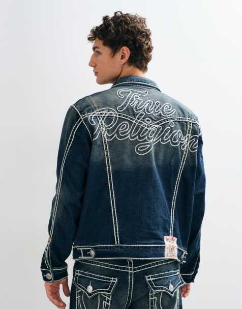 True Religion veste trucker Jimmy coupe oversize avec surpiqûres corde et imprimé au dos, bleu - view 1