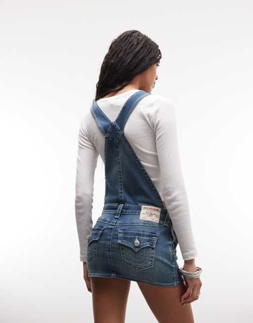 True Religion - Vestito corto in denim blu lavaggio medio, 4 di 4
