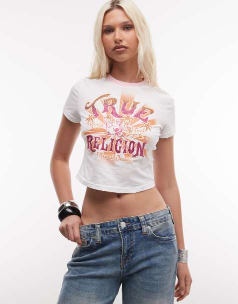 True Religion – Vit, kort, liten t-shirt med kantrand och kristaller - view 1
