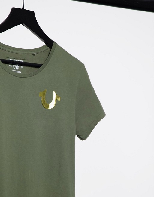 True Religion World Tour logo back t-shirt in militant green/gold