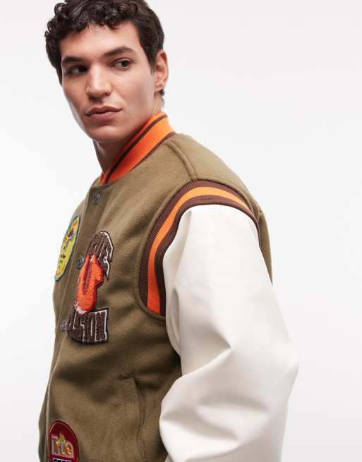 True Religion – Zielono-biała kurtka w uczelnianym stylu retro z logo, 4 z 5
