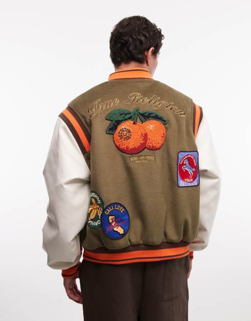 True Religion – Zielono-biała kurtka w uczelnianym stylu retro z logo, 5 z 5
