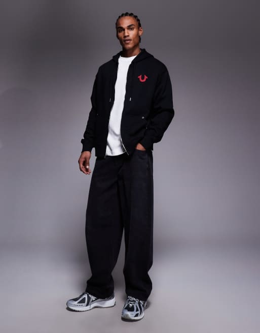 True Religion zip-through logo hoodie with black print in black, 2 of 5