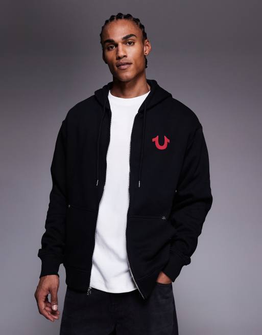 True Religion zip-through logo hoodie with black print in black, 3 of 5